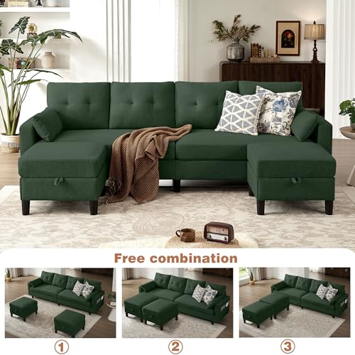Image of 101 inch Sectional Sofa U Shaped Couch with Storage Ottomans, 4 Seater Convertible Couches for Living Room | Linen Fabric | 2 Movable Ottoman Reversible Chaises | Sectional Couch Set, Green