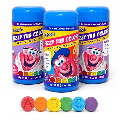 Mr. Bubble Fizzy Tub Colors Bath Water Coloring Tabelets, 6 Bright Colors, Red, Orange, Yellow, Purple, Blue and Green, Fragrance Free, Cap Makes Colorful...