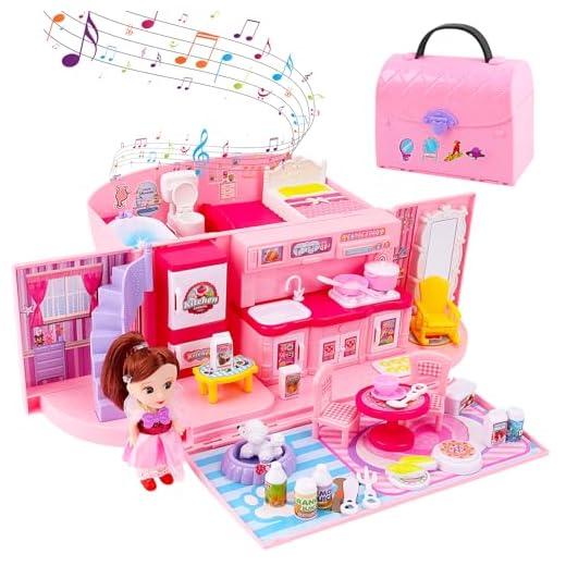 deAO Bolso de Mano con Casita de Muñecas Incorporada Conjunto 2en1 Portátil Diseño con Cerradura y Asa, Casa Incluye Muñeca y Muebles a Medida