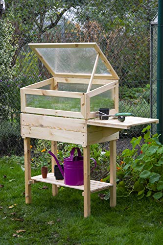 dobar® 58397e erhöhtes Frühbeet aus Massivholz Gr. M | Hochbeet mit Frühbeetaufsatz | Frühbeetkasten mit Ablagefläche & ausklappbarem Tisch | Pflanzkasten mit Gewächshaus | 116 x 40 x 110 cm | Natur
