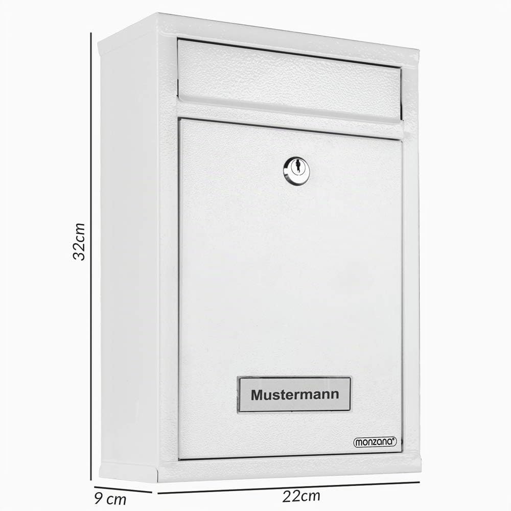MONZANA® Boîte aux Lettres Murale Blanche Boîte Postale Boîte aux Lettres Acier INCL. 2 clés Plaque Nominative verrouillable