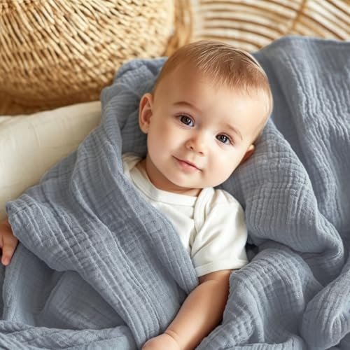 Image of EMME Muslin Blankets for Adults Throw Blanket for Couch Breathable Gauze Soft Lightweight Airy Dusty Blue Baby 40 inch x 50 inch