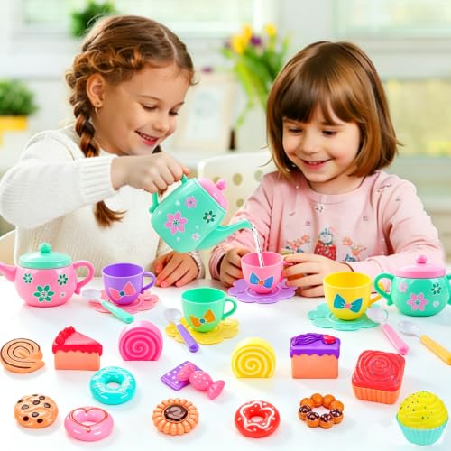 Tea Party Set for Girls Toddler 3-5,Tea Set Toy Princess Pretend Play Girl Toys for Kids Age 3-4-5-6-8 with Teapot, Tea Cups, Play Food Dessert,Toddlers Little Girl Gift Birthday 3 4 5 6 7 8 Year Old - Image 3
