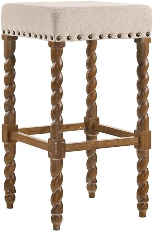 Carolina Chair & Table Remick 30" Bar Stool with Linen Upholstered Seat - Solid Wooden Frame, Twist Turned Legs with Antique Brass Nailhead Trim Accent Stool for Kitchens, Bars (Natural Oak)
