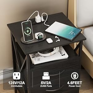 Yeshomy nightstand set of 2 led nightstands with charging station end table with 3 fabric drawers and storage shelf endtable with usb ports outlets bedside tables with wooden panel black  urban country home decor