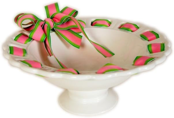 Pedestal Fruit Bowl Candy/Nut Dish with Pink/Lime Stripe Ribbon, White