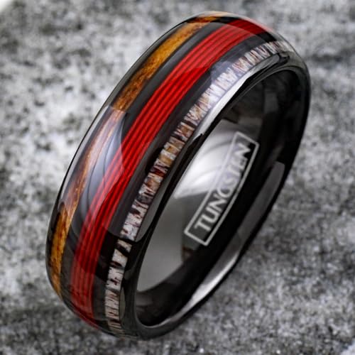 Personalized Engraved 6mm/8mm Polished Piano Black Tungsten Carbide Low Dome Band Ring with Red Fishing Line Between Whiskey Barrel Oak Wood and Deer Antler Inlays.3