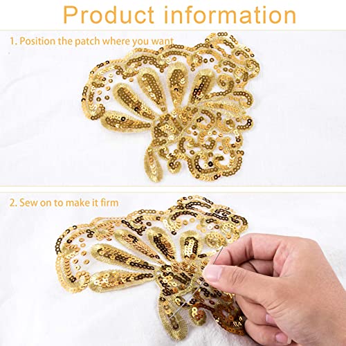 Oiiki Gold Sequins Embroidery Lace Patch Applique, Sew On Clothing Patches, Flower Embroidery Neckline Collar Trims, Sequin Patches For Women, Brides, Dress Applique For Wedding, Party #TOP2