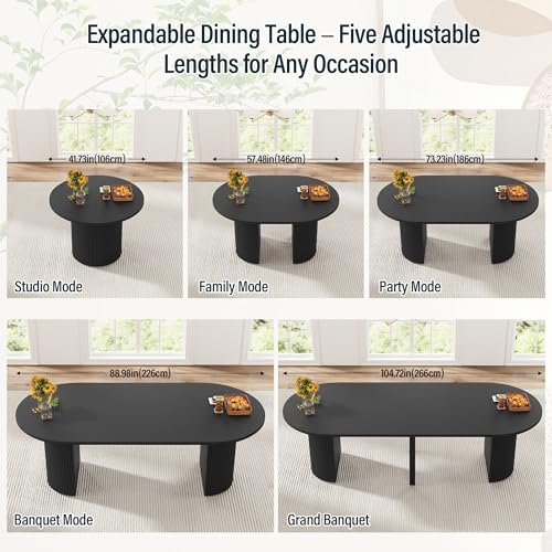 Image of weselon 42 inch-105 inch Extendable Dining Table for 4-12, Expandable Oval Dining Room Table with Fluted Pedestal Base & Reinforced Metal Support Leg, Large Modern Kitchen Table for Dining Room (Black)