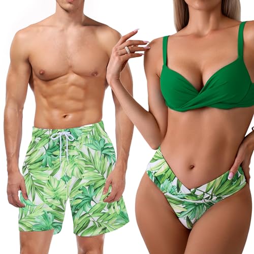 Green Leaves Matching Swimsuits for Couples, Women Bikini Set Thong Bottom+Push Up Top/Men Swimtrunks