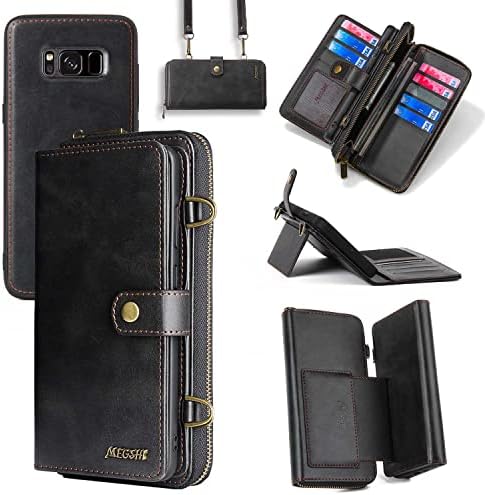 Compatible with Samsung Galaxy S8 Plus Wallet Case Crossbody Shoulder Strap Card Holder Stand Multi-Function 2in 1 Detachable Magnetic Phone Cover for Glaxay S8plus S 8 8plus 8SEdge S8+ SM-G955U Black