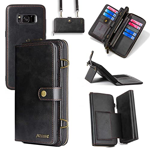 Compatible With Samsung Galaxy S8 Plus Wallet Case Crossbody Shoulder Strap Card Holder Stand Multi-Function 2In 1 Detachable Magnetic Phone Cover For Glaxay S8Plus S 8 8Plus 8Sedge S8+ Sm-G955U Black #TOP1