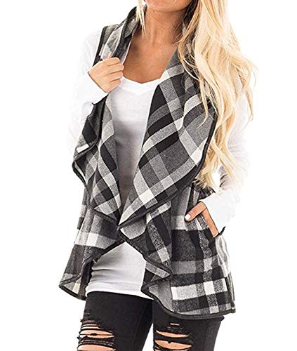 Women Lapel Open Front Sleeveless Plaid Vest Cardigan Coat Jacket Pockets,Medium Black and White