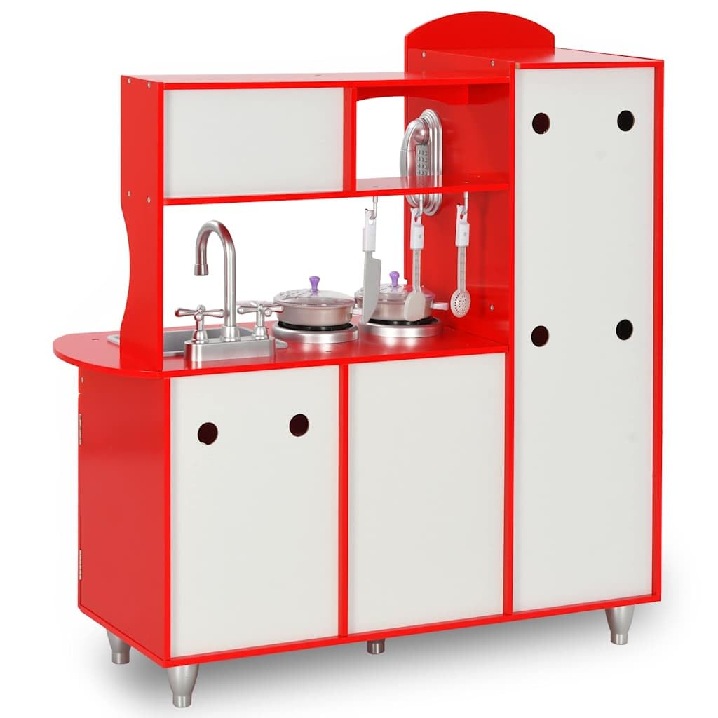 Spielküche Kinder aus MDF mit Kochset, Schneideobst, Zubehör und Holzspielzeug, 84x31x89 cm, Rot Weiß, Rollenspiel Kaufladen für Kleinkind Montessori Motorik und Kinderzimmer