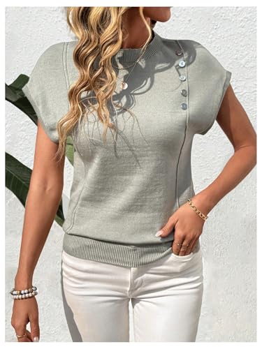 Women's Button Knit Dolman Short Sleeve Sweaters Mock Neck Elegant Pullover Tops Summer Knitwear4