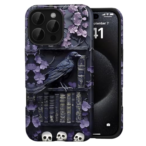 Amzfield Compatible with iPhone 16 Pro Case, Halloween Phone Case Fall Black Aesthetic Cute Cool Chic for Girl Women, Scratch Resistant Protective Girly Case for iPhone 16 Pro, Raven & Skull