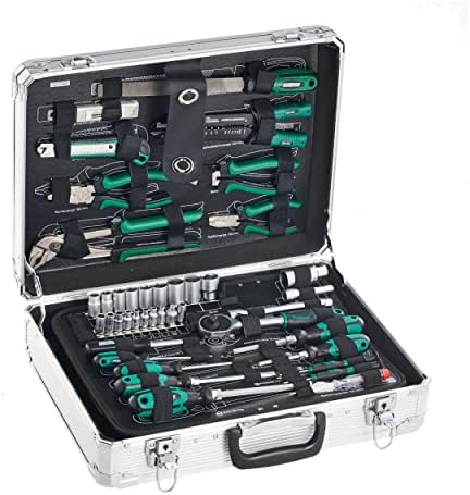 Brüder Mannesmann Alu-Werkzeugkoffer 108 tlg., CV-Stahl, TÜV/GS | M29075 | 3 Lagen mit Steckschlüssel-, Zangen- und Bitsatz 30-tlg. mit Spannungsprüfer und Werkstattfeile, für Kfz