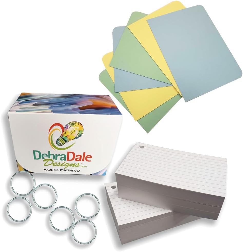 Debra Dale Designs - 250 Ruled - 4" x 6" - Hole Punched Index Cards with rings - Boxed - Premium 140# Index Card Stock - Ideal for studying and note taking