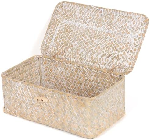 枝編み細工品シェルフバスケット 蓋付き シーグラスストレージバスケットビン 長方形 手織り バスケットボックス 棚用 デスクトップ
