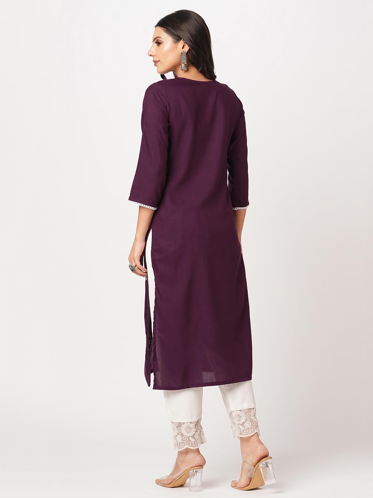 Sanisa Women's Cotton Blend Chikankari Embroidery Straight Kurti (476K10046N-Xl_Wine)