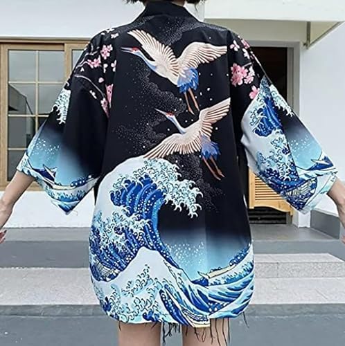 Image of LAI MENG FIVE CATS Women's Floral Print Loose Blouse Japanese Kimono Tops | Puff Sleeve,Cover up Top,Casual Cute Tops,Summer Cardigans 2026