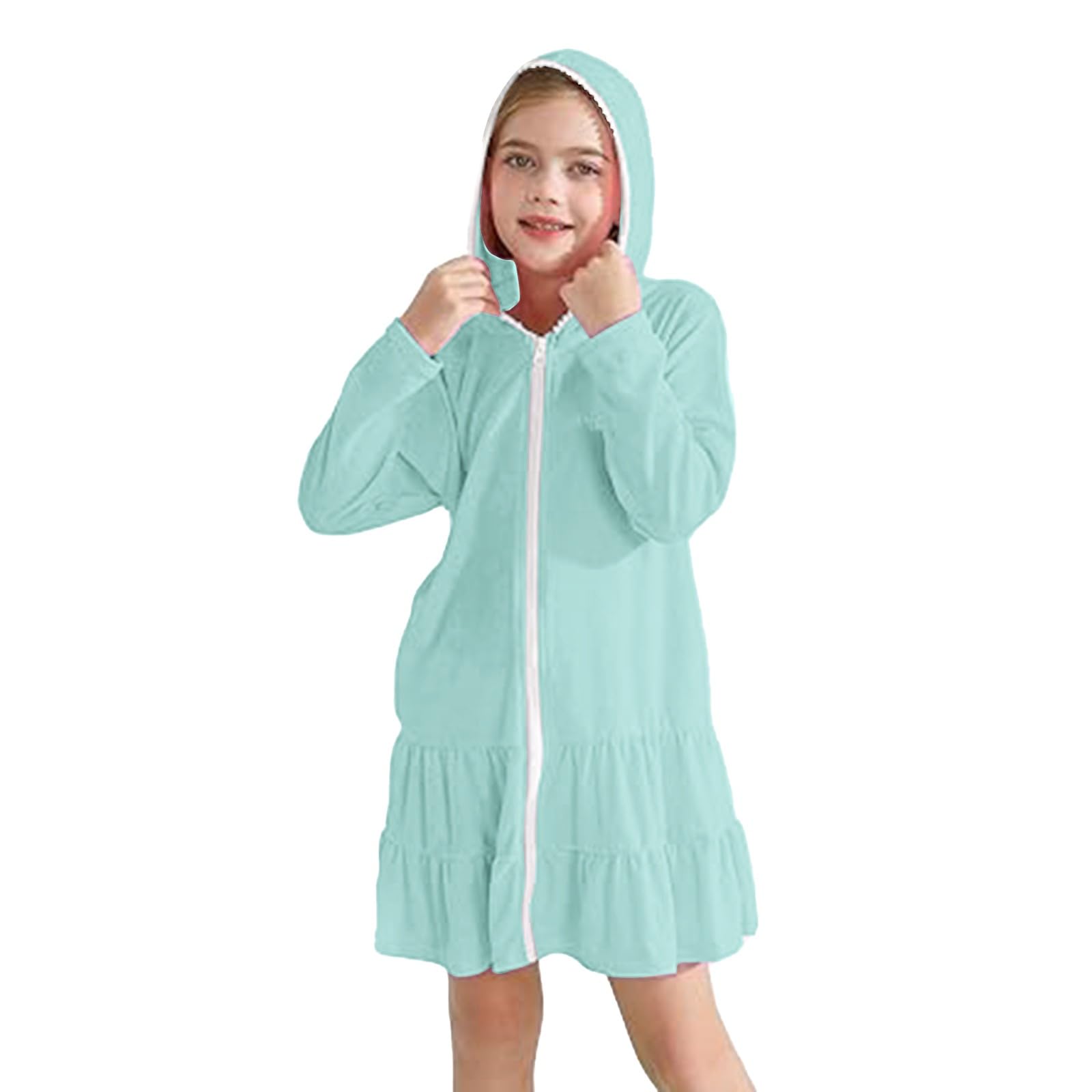 Badeponcho Kinder Reißverschluss Kapuze Cover Up mit Sonnenbrille Saugfähige Frottee Strandkleid Rüschen Gemütlich Strandtuch Sommer Mädchenkleid Langarm Bademode