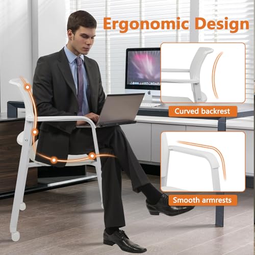 Image of CLATINA Rolling Conference Chairs, 4 Pack Stackable with Wheels and Paddle, Ergonomic Mesh Back and Arms for Meeting, Conference, Training Room & Home Office (White)