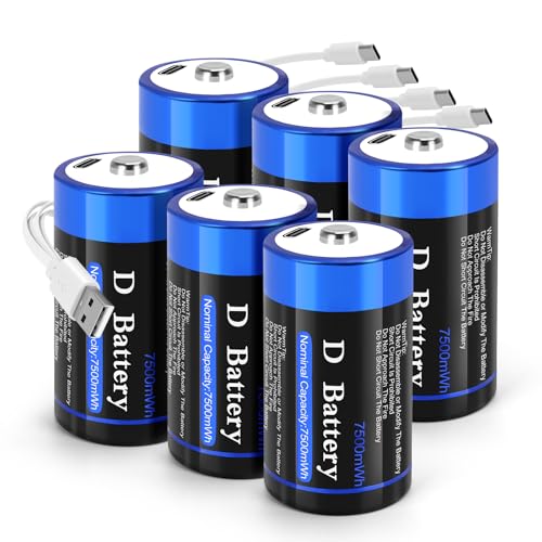 USB Rechargeable Lithium D Cell Batteries 6 Pack LR20 Batteries D Size 1.5V 7500mwh Type D Battery with Charging Cable