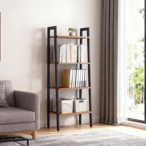Image of DUMOS Ladder Shelf, 4-Tier Display Bookshelf, Industrial Style Storage Standing Shelf, Decorative Shelves with Stable Frame for Living Room, Bedroom, Office, Kitchen, Bathroom, Brown