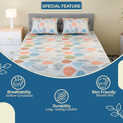 Image of Kuber Industries Cotton 220 TC Double Bedsheet With 2 Pillow Covers | Machine Washable Soft Bedsheet For Living Room, Home & Hotels | Leaf Print - Peach