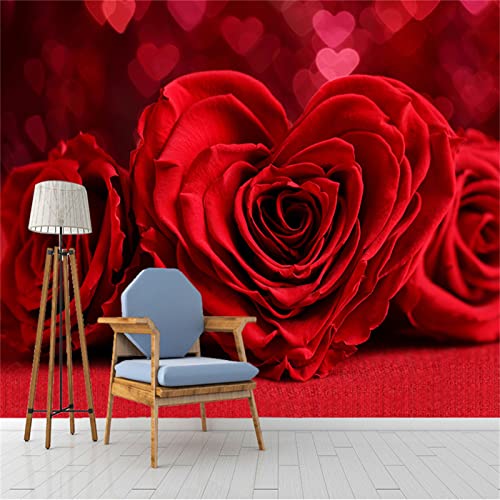 Red Romantic Heart Rose Flower Wall Murals, 3D Digital Printing Silk Mural Wallpaper, Mural Paper Smooth Grease Free Apply To Living Room Bedroom（98.5"W X 68.9"H） #TOP19