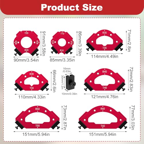 Radius Schablone Set, 7 Stück Eckradius-Frässchablone aus Aluminium,18 fach Radiuslehre für perfekte Innen, Außenrundungen & Fasen (R10-R60, T10-T60) mit Doppel-Anschlägen für Oberfräsen