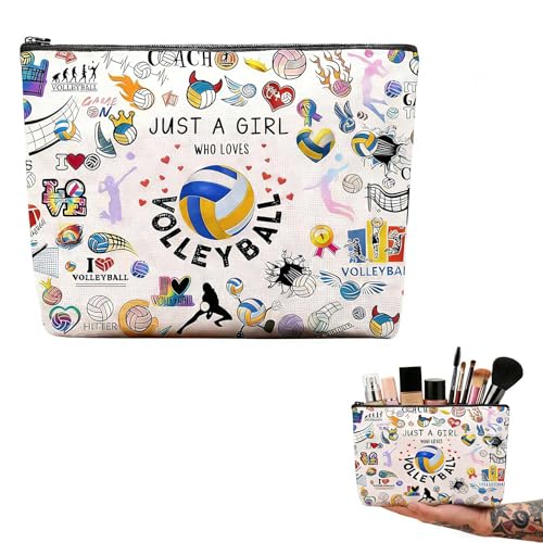 Borsa Cosmetici con Cerniera 25x17cm Just A Girl Who Loves Volleyball, Trucco Borse da Viaggio in Lino per Amanti della Pallavolo, Regalo Sportivo Donna Ragazza