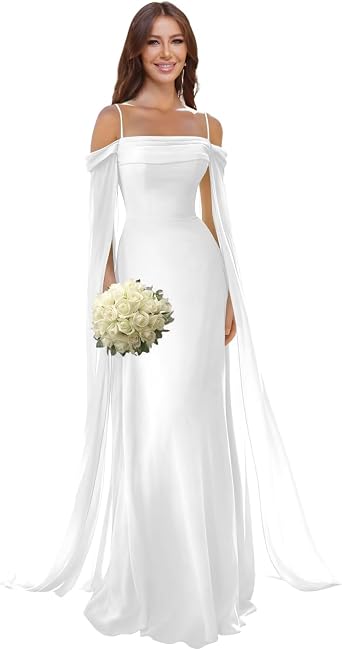 Tianzhihe Cold Shoulder Bridesmaid Dresses for Women Chiffon Long Formal Wedding Guest Dress with Capee Sleeves