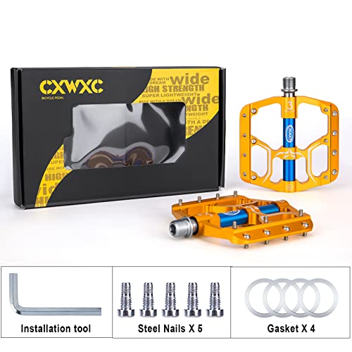 Road/Mountain Bike Pedals - 3 Bearings 9/16” Aluminum Alloy Bicycle Pedals - Mountain Bike Pedal With Removable Anti-Skid Nails (Yellow) #TOP6