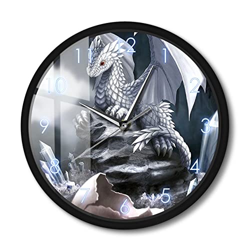 Timethink Newborn Baby Ice Dragon Metal Frame Round Clock, Silent Quartz Battery Operated White Dragon Hatching Egg Black Aluminum Frame Clock for Home Office Kids Children Bedroom Living Room