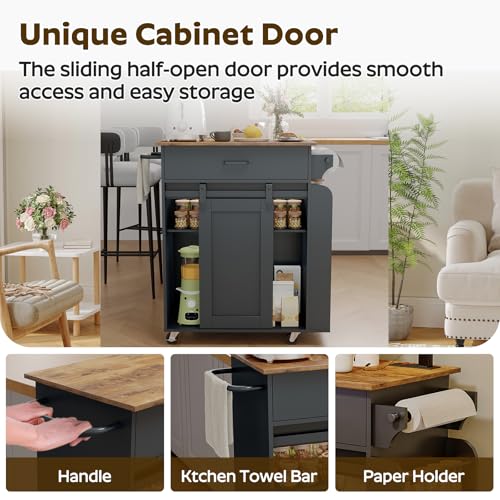 YATINEY Kitchen Island with Storage, Kitchen Storage Cabinets with Charging Station, Kitchen Island on Wheels, Rolling Island Table with Sliding Cabinet Door, Black and Rustic Brown ZD01UBR