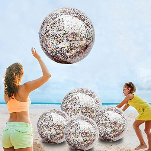5 Pack Sequins Beach Ball Jumbo Pool Toys Balls Giant Confetti Glitters Inflatable Clear Beach Ball Swimming Pool Water Beach Toys Outdoor Summer Party Favors for Kids Adults (24"-2 Pieces,16"-3 Pcs)