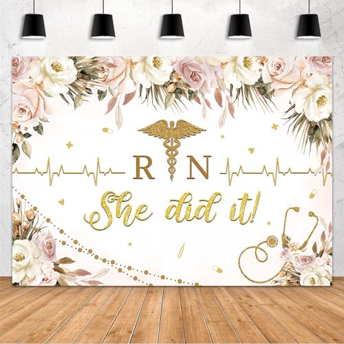 MEHOFOND Nurse Graduation Backdrop Congratulations Graduates Gold Congrats Grads She Did It Banner Watercolor Pink White Floral Graduation Party Decorations Background Photo Booth Props 7x5ft