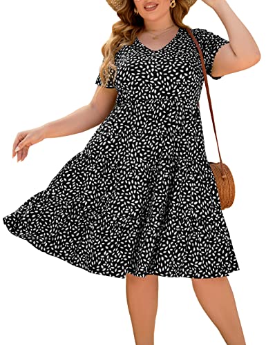 Women's Plus Size Casual Summer Tiered Dresses Short Sleeve Scoop Neck Ruffle Hem Loose Fitting Midi Babydoll Dress