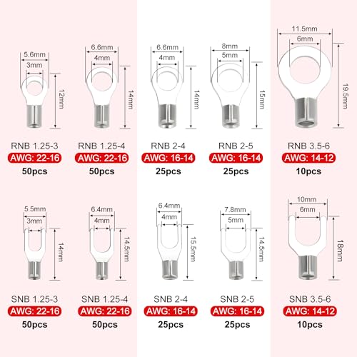 YIXISI 320 PCS M3/M4/M5/M6 Non-Insulated Ring Fork Terminals Kit, Ring Lug Crimp Cable Connectors - Image 2
