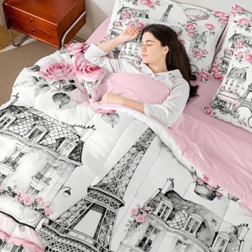 Image of Eiffel Tower King Size 7 Pcs Bedding Sets with Sheets,Comforter,Pillowcases,Pillow Covers French Building Decor Romantic Style Comforter Set Pink Rose Hot Air Balloon Bedroom Dorm Bed Set