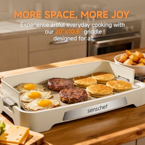 Image of Cleansnap Everyday Electric Griddle, Great Gift for Family Feasts - 20 inch Nonstick Grill with Foldable Anti-Mess Shield, Rapid 1700W Hea & PPG Ceramic Coating, Dishwasher Safe, Vanilla Cream