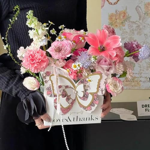 Image of Oasis Pack of 10 Luxury Butterfly Style Flower Paper Baskets - Pink Cardboard Bouquet Gift Boxes - Decorative Floral Arrangement Containers - Elegant Packaging for Fresh Flowers, Hampers, Weddings & Gifting - 5764 (P-10)