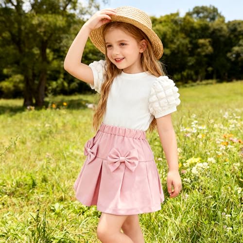 Image of 2-7Y Toddler Girl Skirt Set Kid 2Pcs Outfits Puff Short Sleeve Top Pleated Skirt with Bowknot Spring Summer Clothes