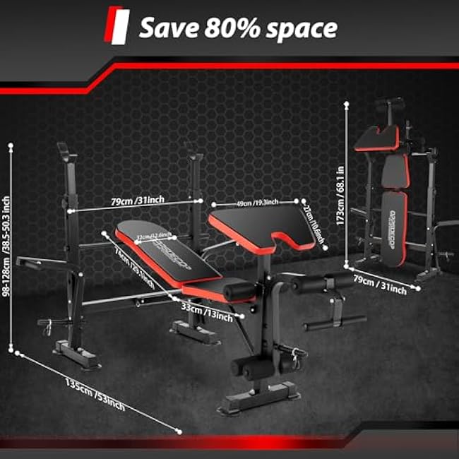 OPPSDECOR 6 in 1 660lbs Weight Bench with Leg Extension and Leg Curl, Foldable Bench Press Set and Squat Barbell Rack with Preacher Curl, Adjustable Workout Bench for Home Gym Strength Training PXZXYX1