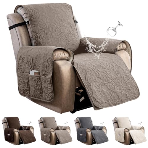 YUEANG 100% Waterproof Recliner Chair Cover, Recliner Chair Covers for Reclining Chair, Non-Slip Fabric Recliner Couch Cover for Living Room, for Pets Kids Protector, Washable (Taupe Quilted, 23")