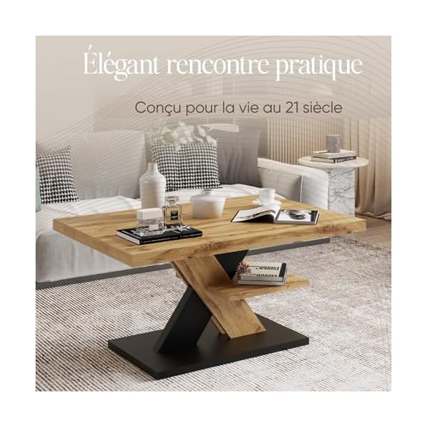 Viosimc Table Basse Salon Design Industriel – Plateau Chêne Wotan, Pieds Croisés Bois & Noir, Étagère Rangement, 90×60×45 cm