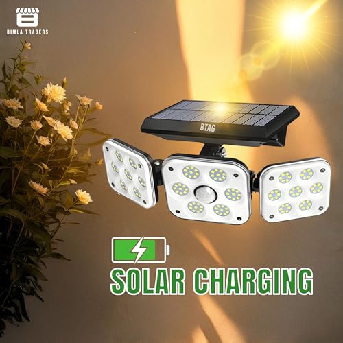 Image of Btag Solar Motion Sensor Light for Outdoor Use | 3 Adjustable Heads | Waterproof, Energy-Saving Sun-Powered LED Flood Light for Garden, Pathways, Driveways, Garage & Yard.(SL007 PO1)