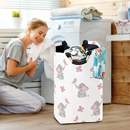Agona Cute Elephants Pink Butterflies Laundry Basket With Handles Large Storage Bin Collapsible Fabric Laundry Hamper Foldable Laundry Bag For Kids Room Toy Bins Gift Baskets Bedroom Baby Nursery #TOP5
